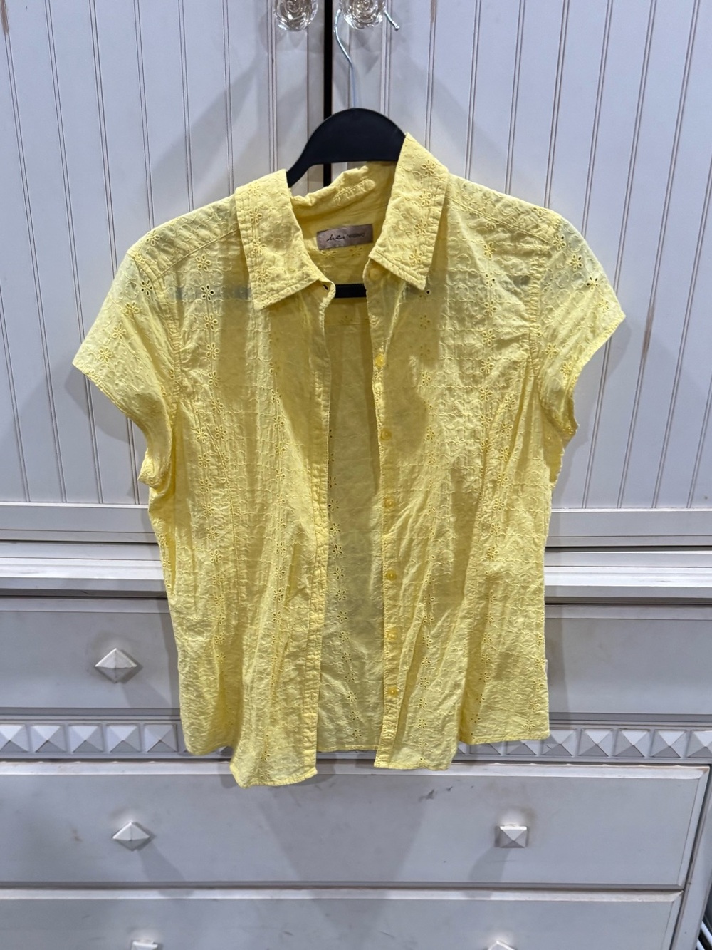 Yellow Short Sleeve Eyelet Button-Front Top y2k